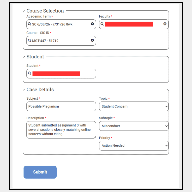 Screenshot of BU Resource Center Student At-Risk Form with course, student, and case details.