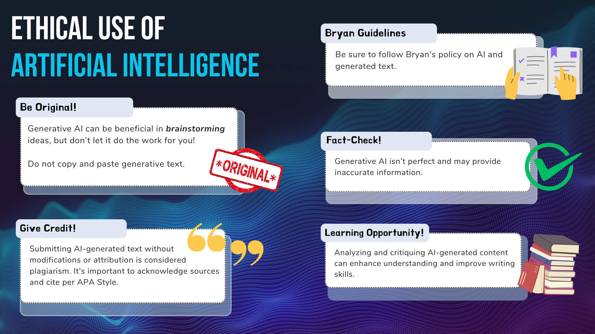 An infographic outlining ethical guidelines for using artificial intelligence, focusing on originality, credit, and honesty.