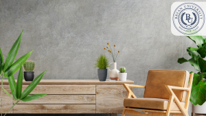 Professional Zoom background featuring a stylish home office with plants, a wooden desk, and a comfortable chair, ideal for virtual meetings and remote work.