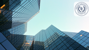 Bright, professional Zoom background featuring a cityscape with tall glass buildings for virtual meetings.