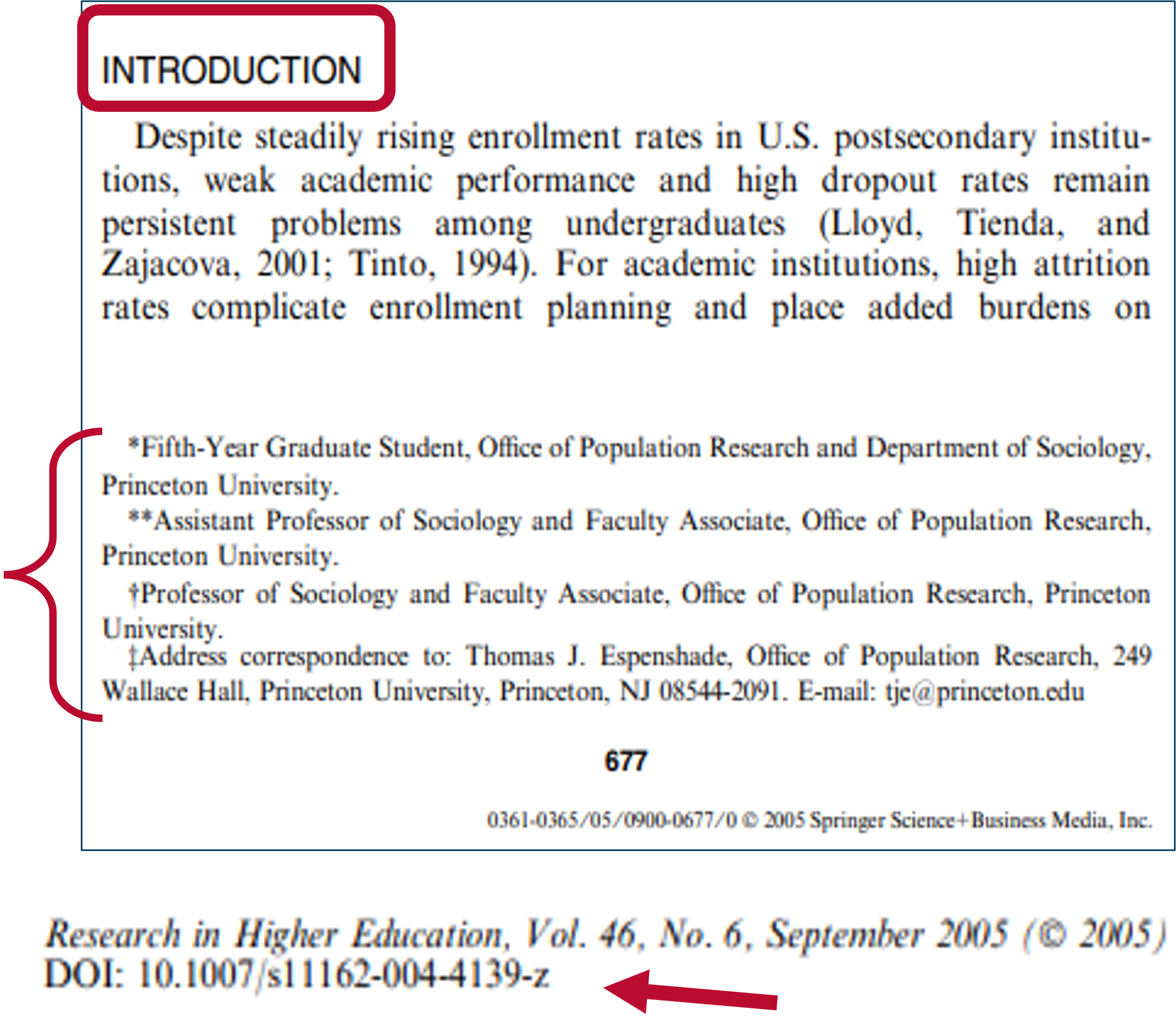 Introduction page from Research in Higher Education discussing rising college enrollment and student attrition rates.