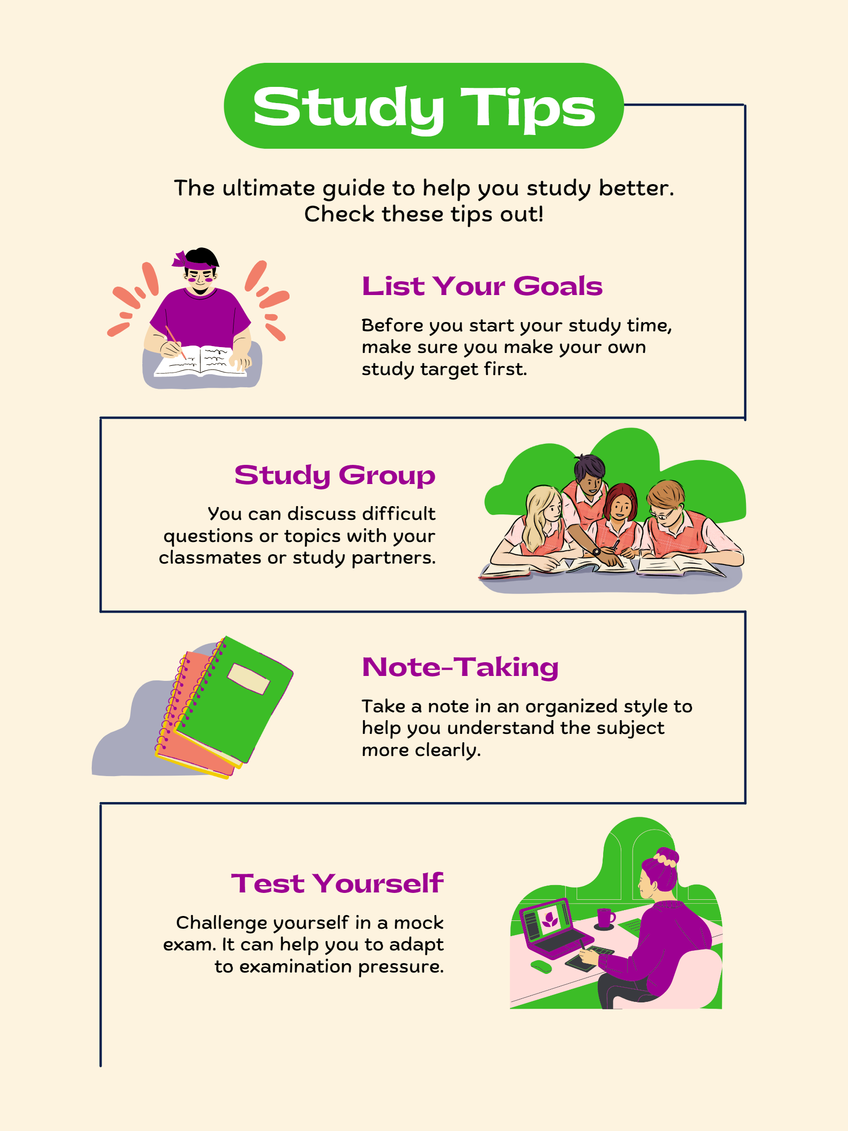 An infographic titled Study Tips offers advice on listing goals, study groups, note-taking, and preparing for exams.