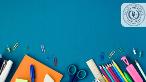 A vibrant digital workspace featuring colorful stationery, scissors, ruler, and paper clips arranged on a blue background, ideal for virtual meetings and online learning environments.