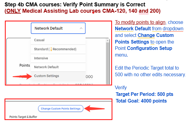 Screenshot of Yellowdig platform showing how to verify point summaries in the BU Resource Center. Includes dropdown menu, custom settings, and point configuration instructions.