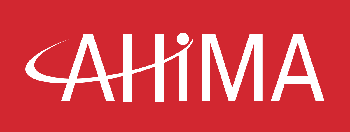 The AHIMA logo in white text on a red background.