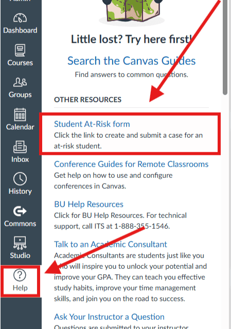 BU Resource Center webpage showing student support resources, including at-risk student forms and academic counseling options.