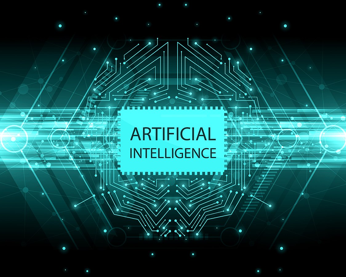 Digital circuit board graphic with the words Artificial Intelligence in the center.