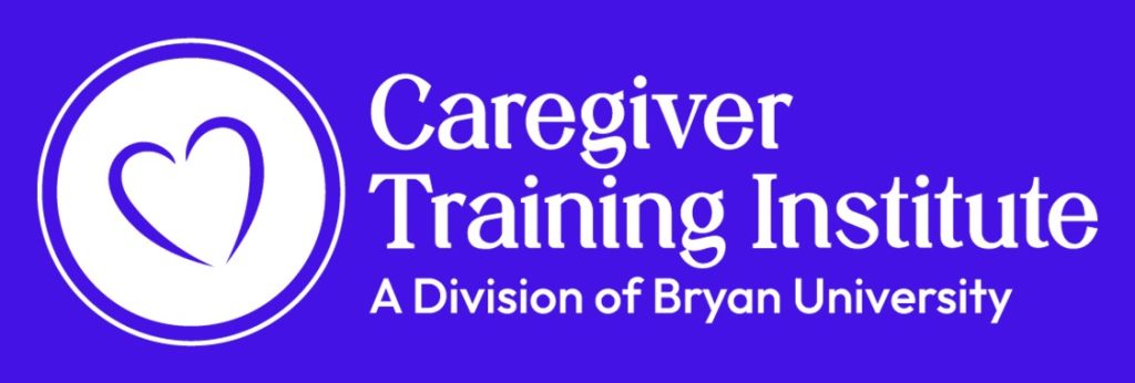 Logo of Caregiver Training Institute, a division of Bryan University, featuring a heart symbol on a blue background.