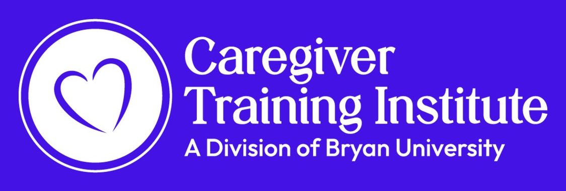 Logo of Caregiver Training Institute, a division of Bryan University, featuring a heart symbol on a blue background.