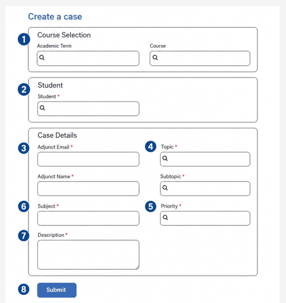 Assist students in creating a case submission form at Bryan University Resource Center, featuring fields for course selection, student info, case details, and priority.
