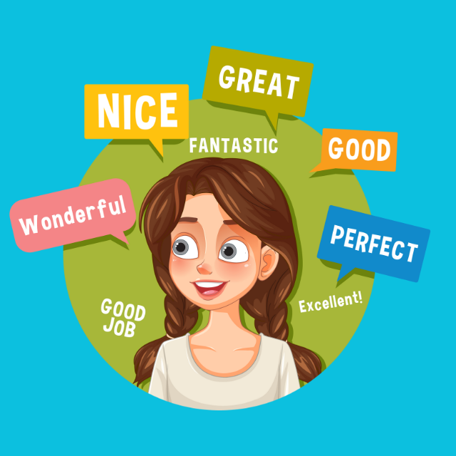 Illustration of a smiling woman with speech bubbles showing positive feedback words like "Nice," "Great," "Good," and "Perfect" for effective substantive feedback.