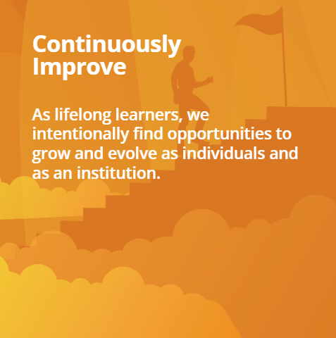 Orange background with text about continuously improving as lifelong learners and a person climbing stairs toward a flag.