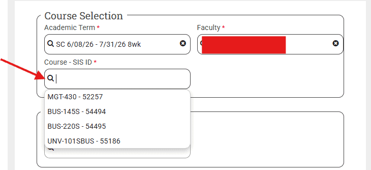 Screenshot of course selection dropdown menu on Bryan University portal for Student At-Risk Form.