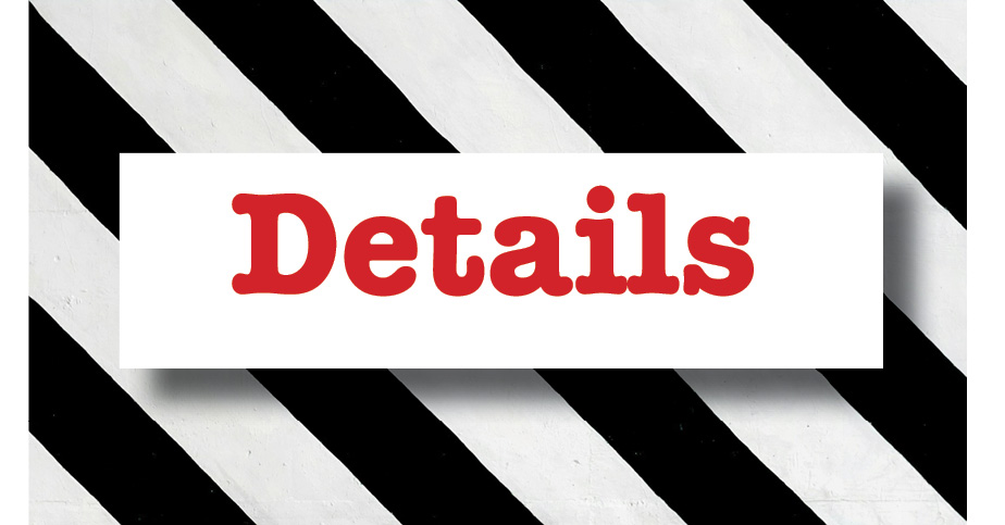 Sign reading "Details" at the BU Resource Center, featuring bold red text on a white background with black and white striped pattern.