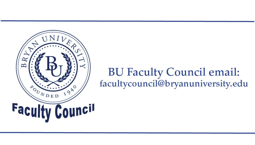 Image of Bryan University Faculty Council logo and contact email for faculty communication.