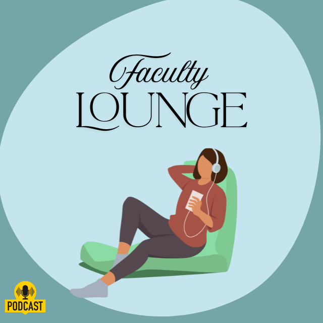 Student relaxing in faculty lounge with headphones, reading a book, in a modern university setting.
