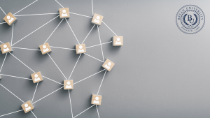Modern network diagram with interconnected user icons representing digital collaboration at BU Resource Center.