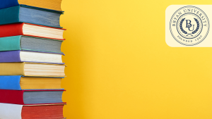 Stack of colorful books at BU Resource Center, ideal for educational Zoom backgrounds and virtual learning environments.