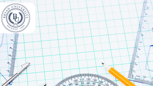 Classroom workspace with drawing tools, grid paper, and a yellow pencil, ideal for virtual backgrounds related to education and learning.