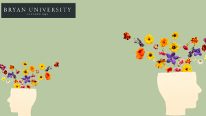 Creative digital illustration of two human head profiles filled with colorful flowers, representing growth and creativity, suitable for Zoom backgrounds and educational resources.