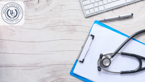 Medical stethoscope and clipboard on a wooden desk, representing healthcare tools for telehealth consultations and remote medical assessments.