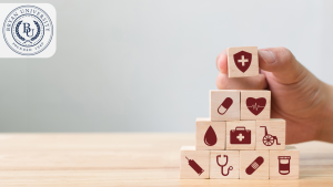 Set of wooden blocks with healthcare icons including a pill, heart monitor, syringe, and first aid kit, arranged in a pyramid shape for medical-themed Zoom backgrounds.