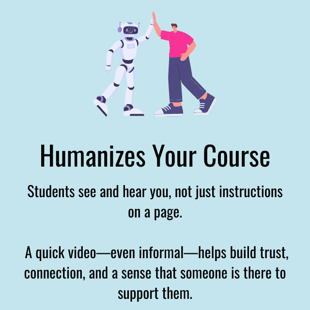 Engaging image of a student and a robot highlighting the importance of video in creating a personal connection in online courses.
