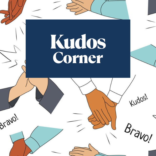Faculty recognition at Kudos Corner, showcasing diverse staff celebrating achievements and teamwork in an inclusive environment.