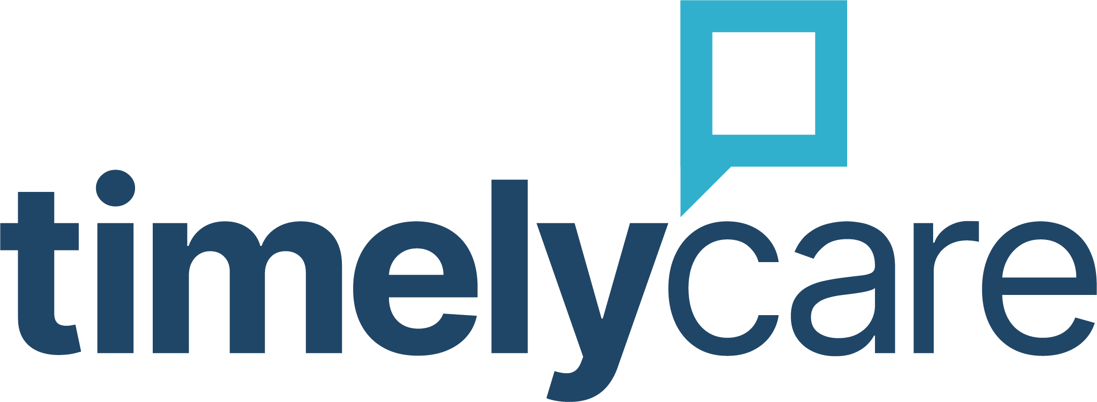 Timelycare logo with dark blue text and a light blue speech bubble icon.
