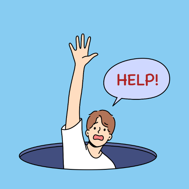 A cartoon man stuck in a hole raising his hand and shouting for help.