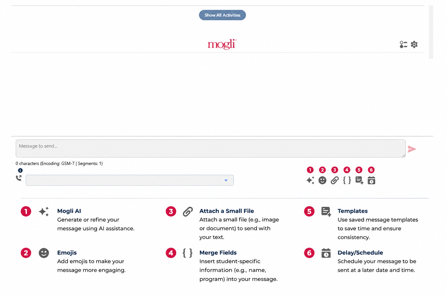Screenshot of Mogli.io website showing a chat interface and three columns describing messaging features.