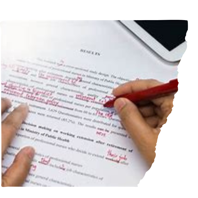 Person reviewing and editing a document with red pen, focusing on substantive feedback for academic writing.