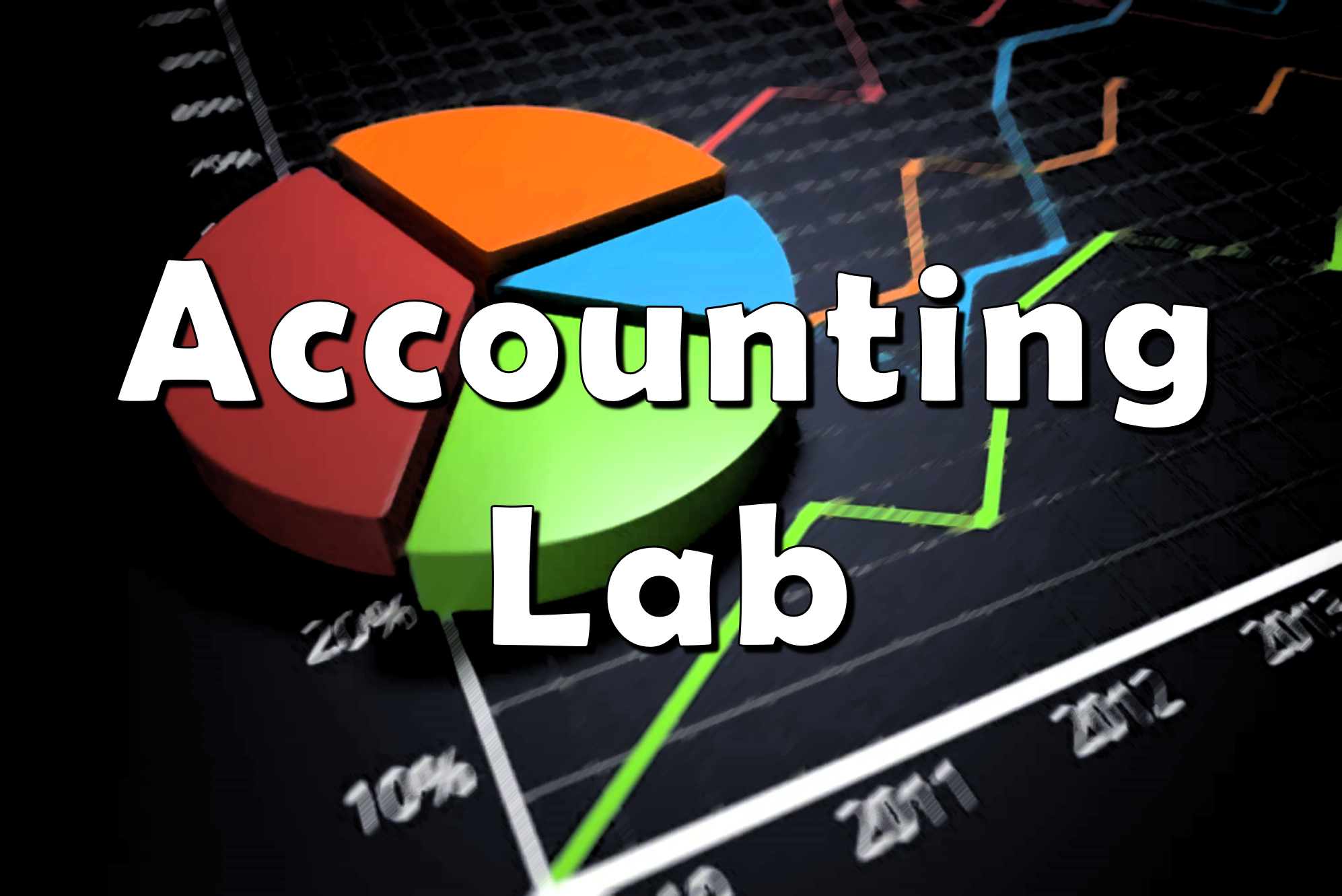 Accounting Lab logo text displayed over a colorful pie chart and financial line graph.