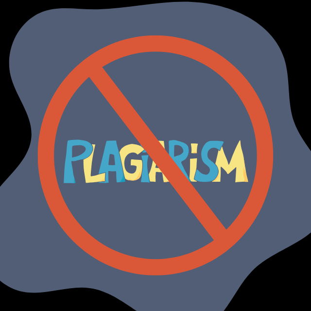 Illustration emphasizing the importance of avoiding plagiarism in academic writing, featuring a "no plagiarism" symbol with bold text.