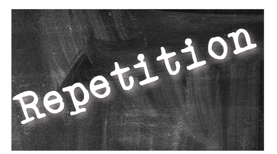 Blackboard with the word "Repetition" written in white chalk, emphasizing the importance of repetition in learning and skill development at the BU Resource Center.