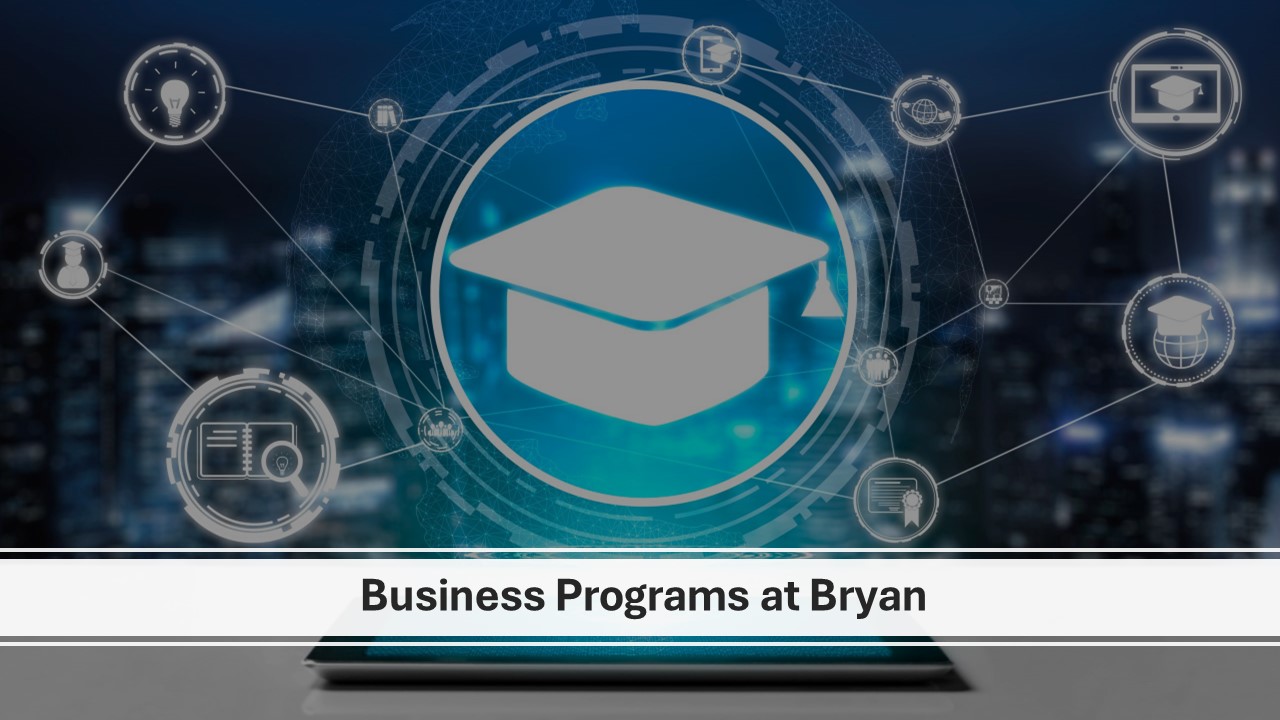 Modern digital graphic representing business programs at Bryan University, featuring interconnected icons related to education, technology, and professional growth.