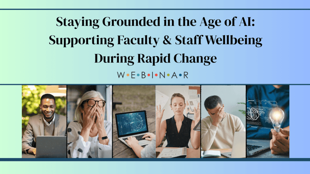 Group of diverse faculty and staff members engaging with technology and discussing wellbeing strategies in a professional setting at BU Resource Center.