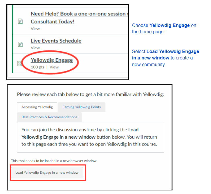 Screenshot of Yellowdig Engage platform with navigation options for BU Resource Center students.