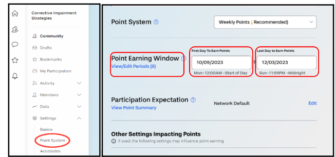 Visual guide showing the Point Earning Window and Point System settings in Yellowdig for BU Resource Center.