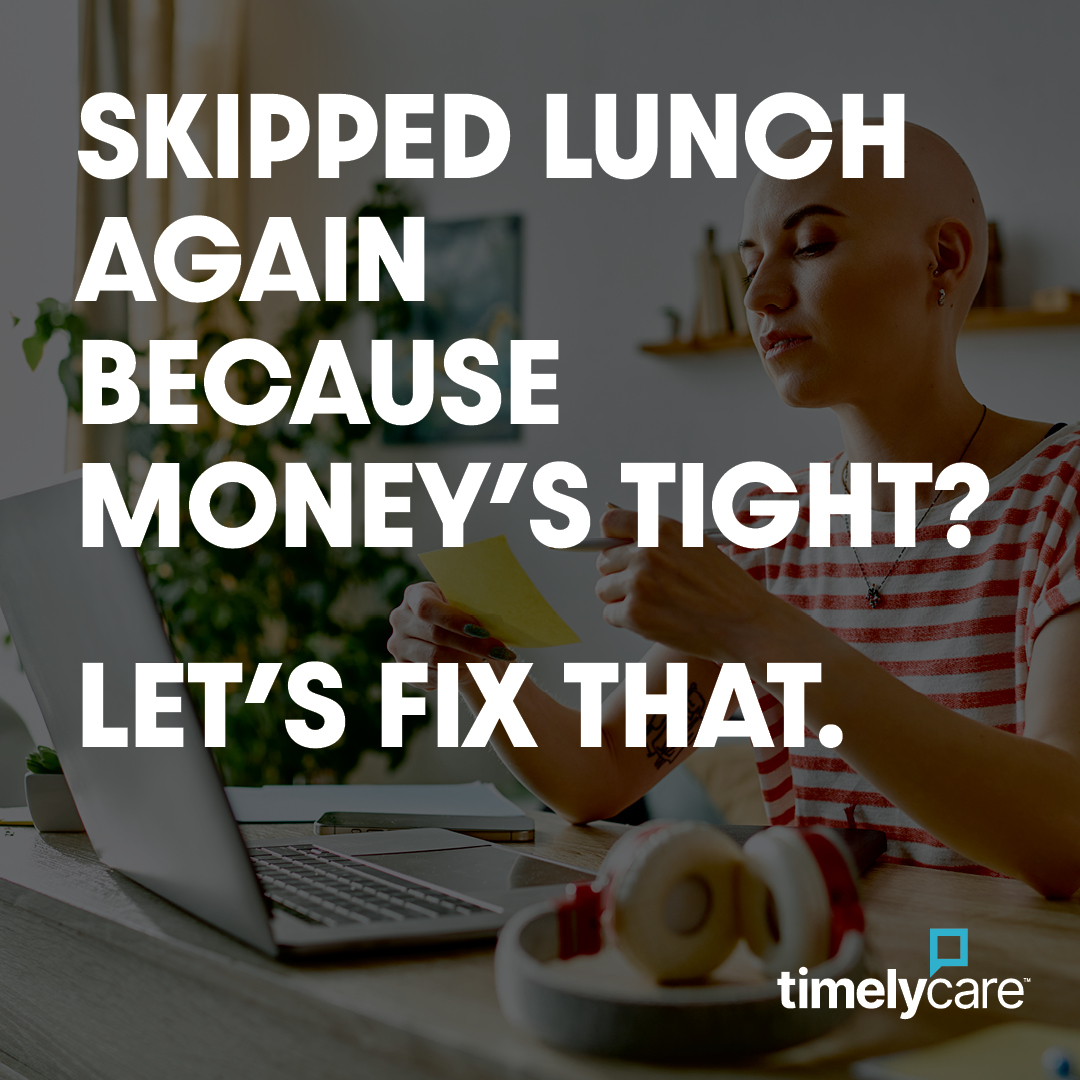 Text overlay asks about skipping lunch due to tight money while a woman uses her phone near a bagel.