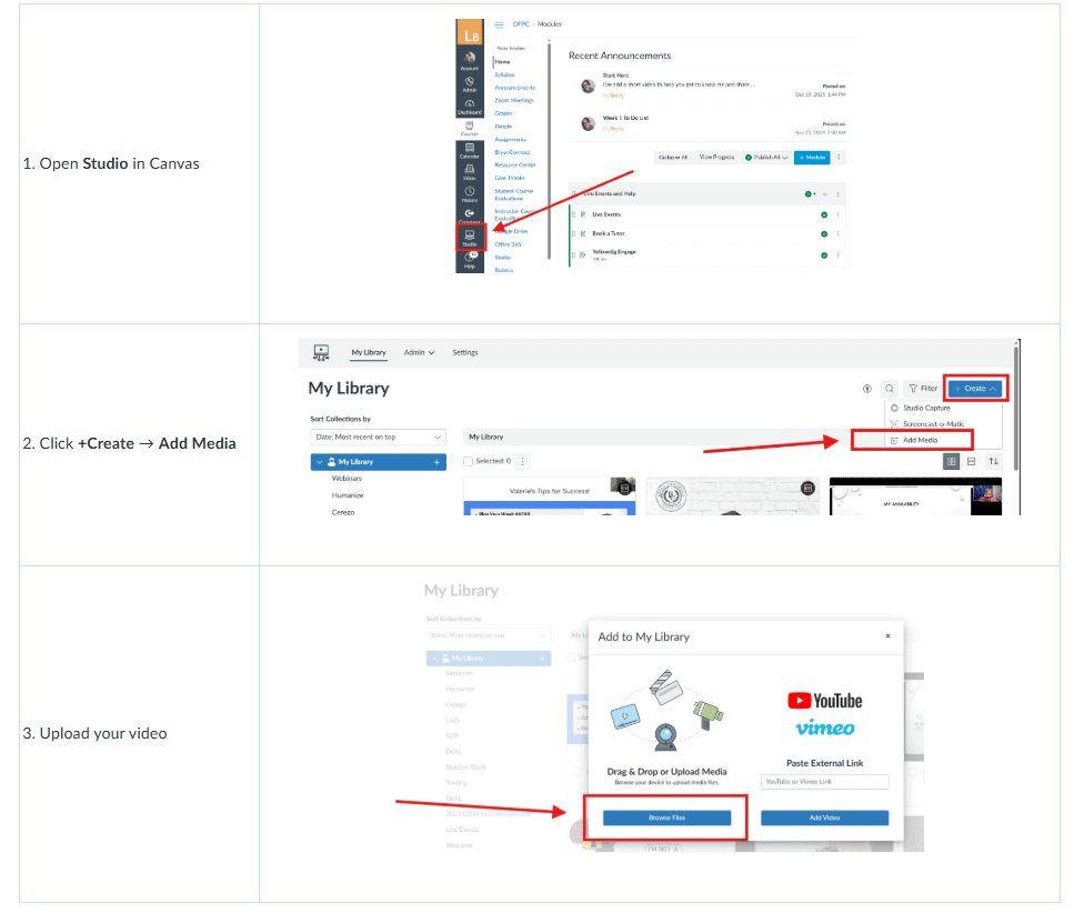 Screenshot showing how to open Studio in Canvas LMS for BU Resource Center.
