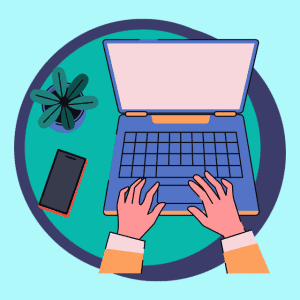 Illustration of hands typing on a laptop with a smartphone and plant nearby, emphasizing effective communication for student engagement.