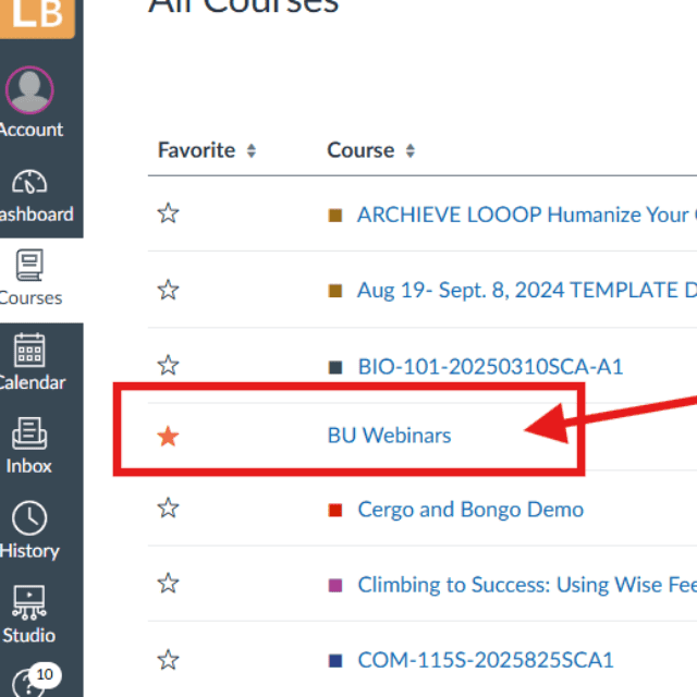Image of the BU Resource Center webpage showing the "BU Webinars" section for in-service training.
