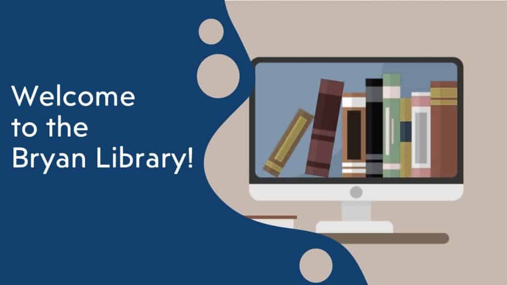Modern digital library with a computer monitor displaying a variety of books, emphasizing access to educational resources at Bryan University.
