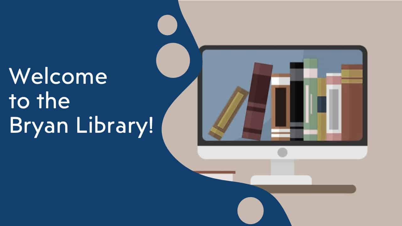 Modern digital library with a computer monitor displaying a variety of books, emphasizing access to educational resources at Bryan University.