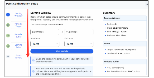 Visual guide for setting up the earning window in Yellowdig, including start/end dates and points review.