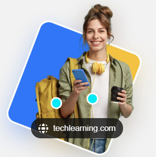 Student using mobile device with backpack, representing Yellowdig platform for online engagement and learning support.