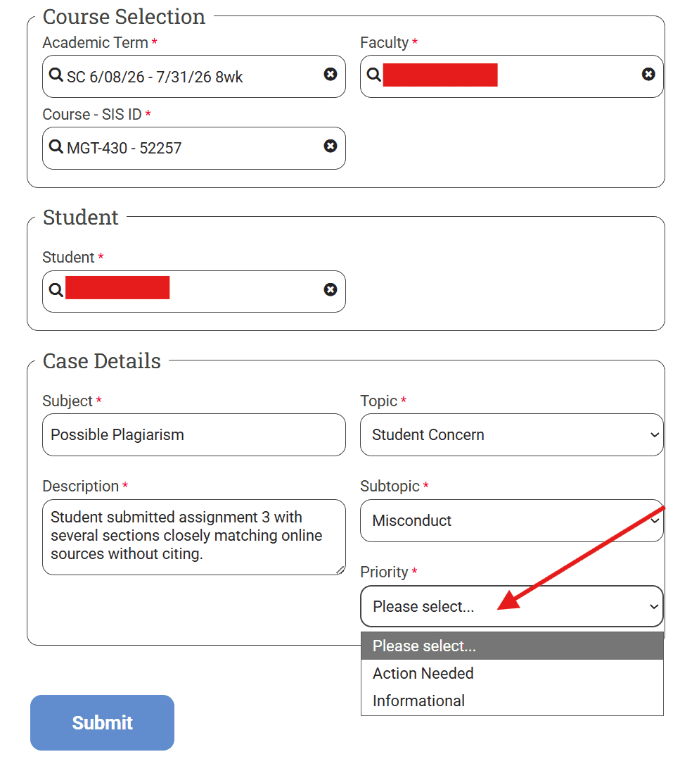 Screenshot of BU Resource Center Student At-Risk Form with fields for course, student, and case details.