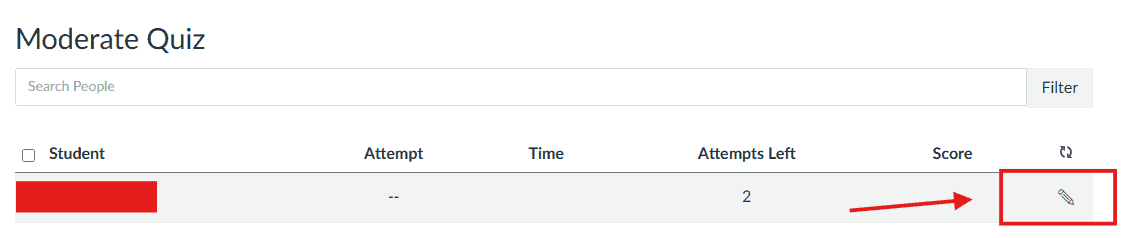A Moderate Quiz interface showing student data with a red arrow pointing to a download icon.