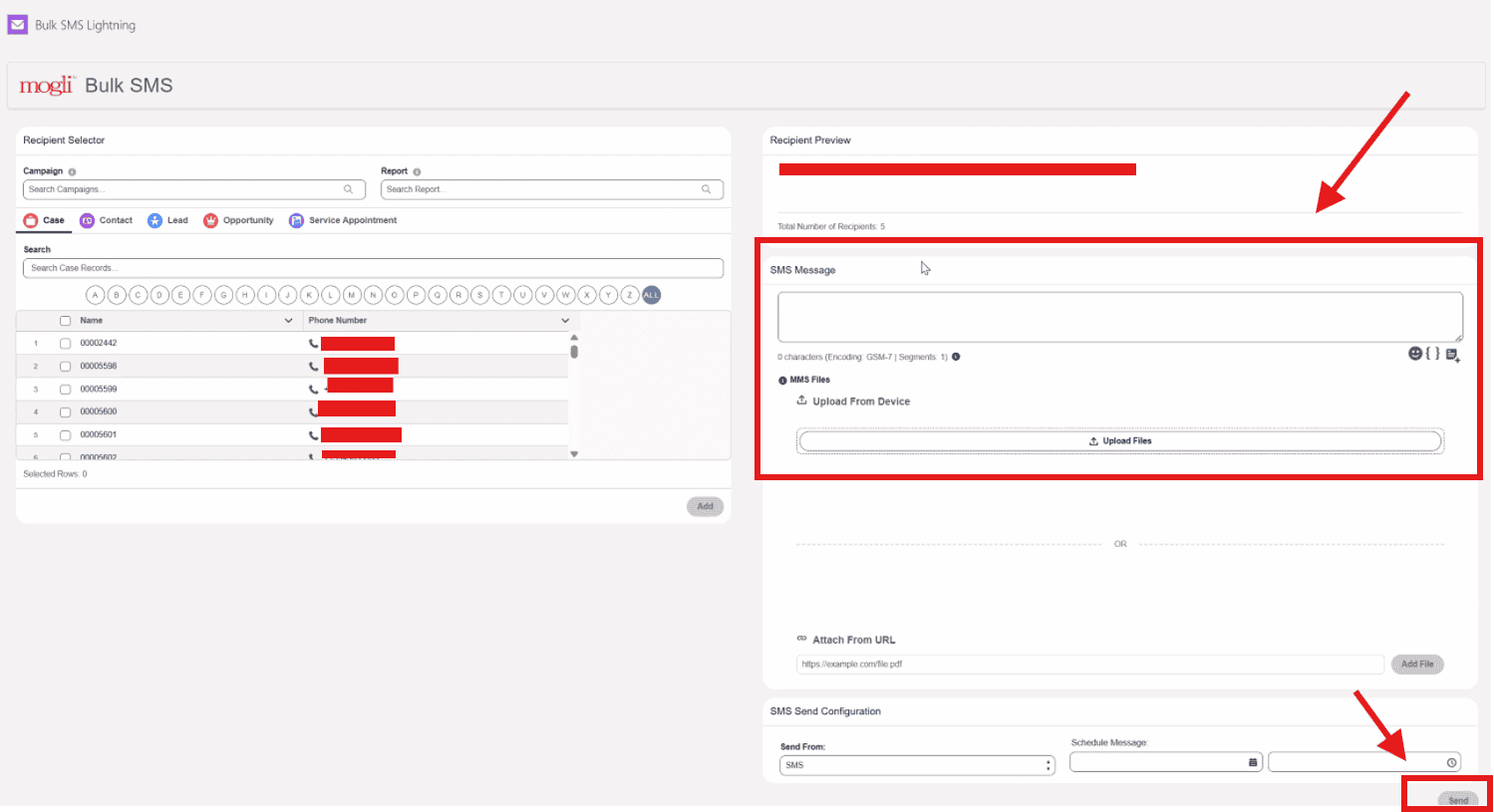 Screenshot of BU Resource Center's SMS messaging interface in Salesforce, showing message composition and recipient selection.